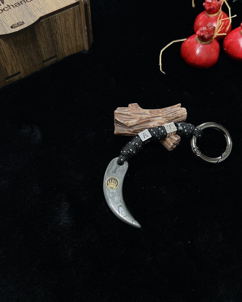 Brutal Keychain for Real Men, or Women Damascus Metal Keychain, Bear Paw Keychain of Unique Keychain