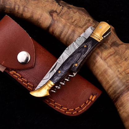 Hand Made Damascus Folding Knife with Corkskrew and sheath