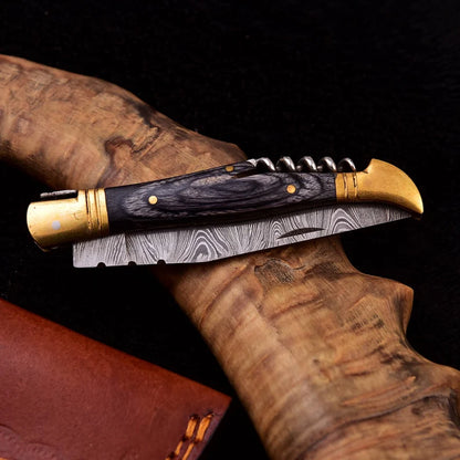 Hand Made Damascus Folding Knife with Corkskrew and sheath