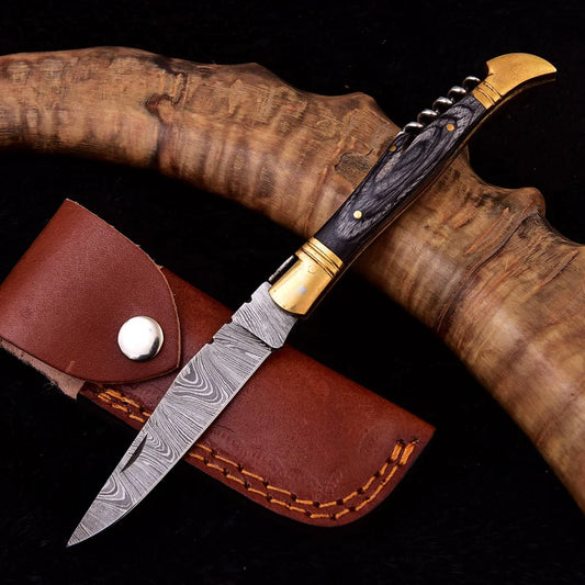 Hand Made Damascus Folding Knife with Corkskrew and sheath