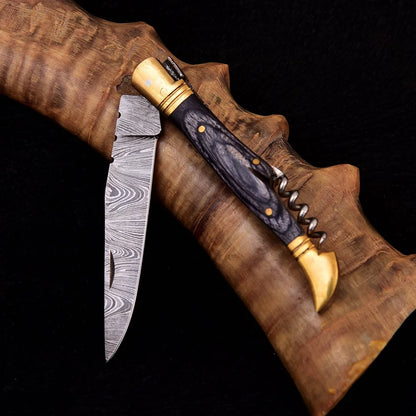 Hand Made Damascus Folding Knife with Corkskrew and sheath