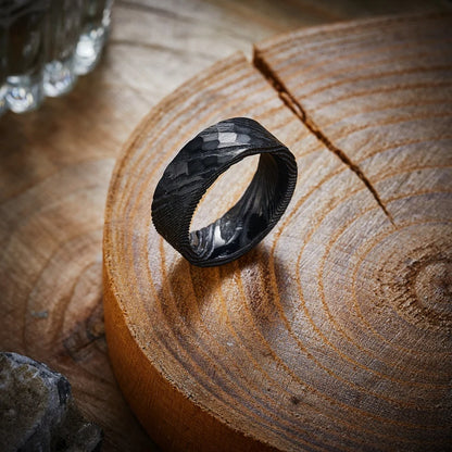 8mm Black Hammered Damascus Ring, Damascus Wedding Bands, Engagement Ring, Unique Men Women Ring, Promise Ring For Him