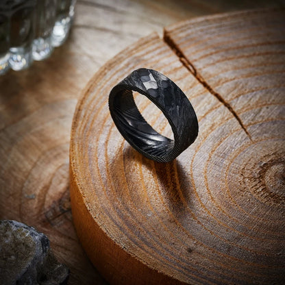 8mm Black Hammered Damascus Ring, Damascus Wedding Bands, Engagement Ring, Unique Men Women Ring, Promise Ring For Him