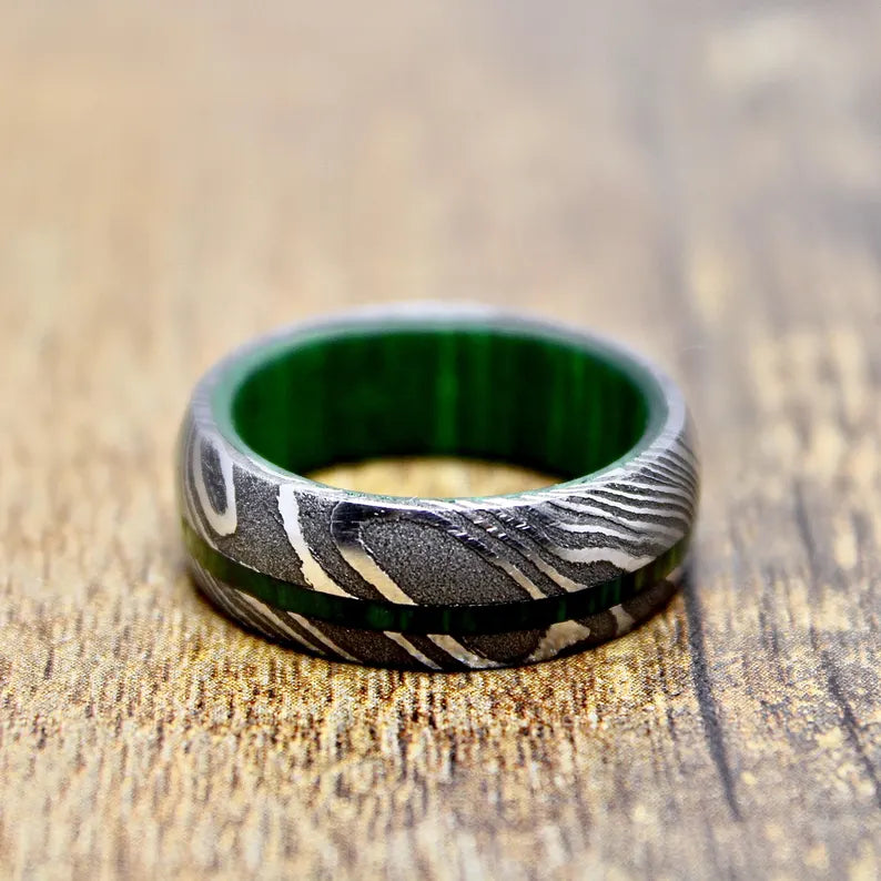 Damascus Whiskey Barrel Ring, Mens Damascus Steel Wood Wedding Band, Unique Engagement Damascus Steel Ring, Christmas Gift for Boyfriend