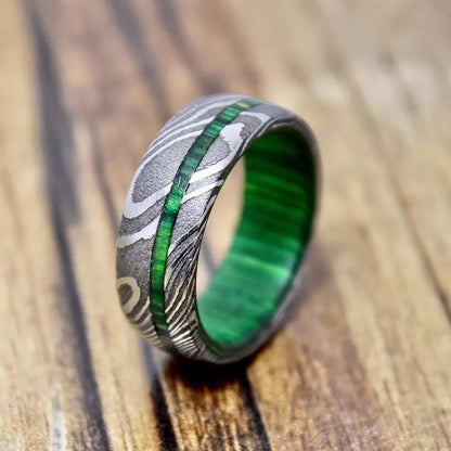 Damascus Whiskey Barrel Ring, Mens Damascus Steel Wood Wedding Band, Unique Engagement Damascus Steel Ring, Christmas Gift for Boyfriend