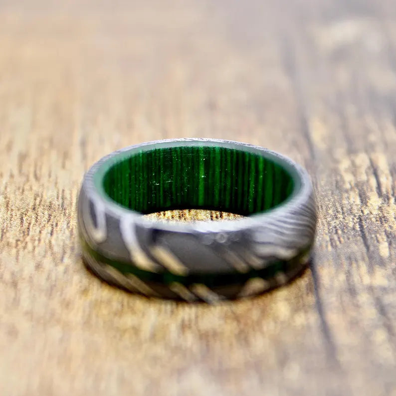 Damascus Whiskey Barrel Ring, Mens Damascus Steel Wood Wedding Band, Unique Engagement Damascus Steel Ring, Christmas Gift for Boyfriend