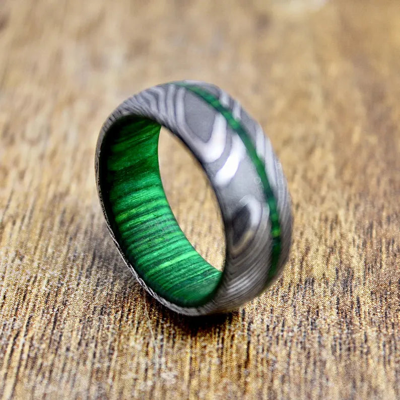 Damascus Whiskey Barrel Ring, Mens Damascus Steel Wood Wedding Band, Unique Engagement Damascus Steel Ring, Christmas Gift for Boyfriend