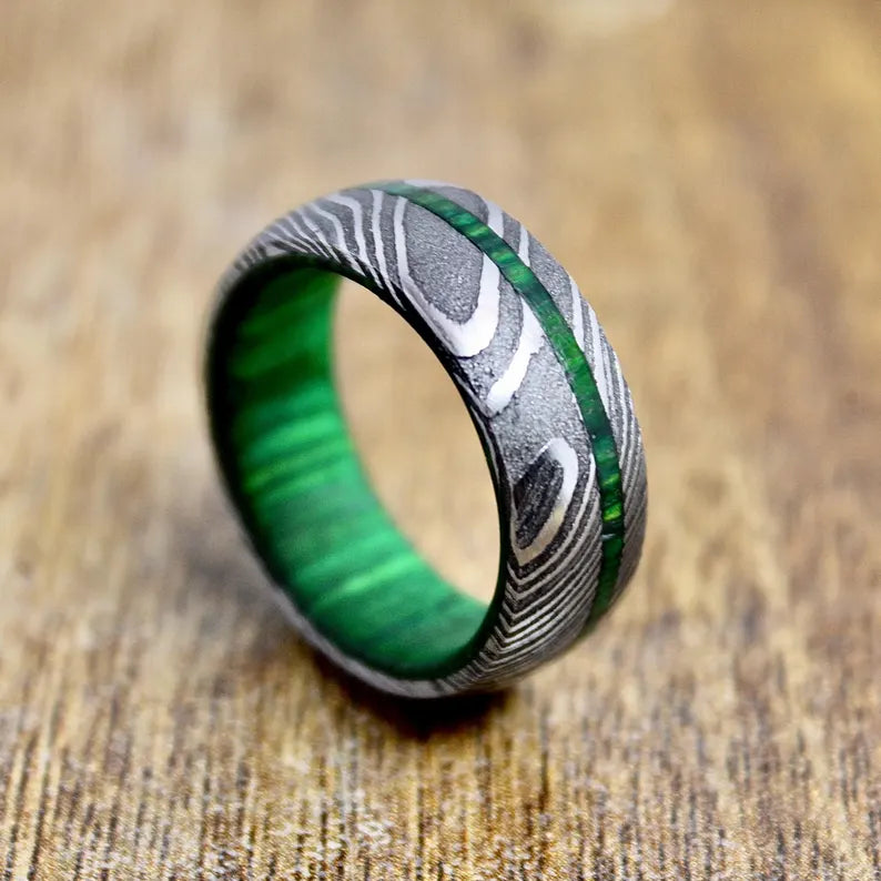 Damascus Whiskey Barrel Ring, Mens Damascus Steel Wood Wedding Band, Unique Engagement Damascus Steel Ring, Christmas Gift for Boyfriend