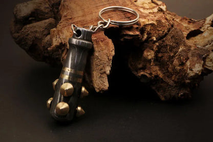 Handmade Damascus Steel Baseball Bat Keychain with Brass Rivets mounted on Bat.