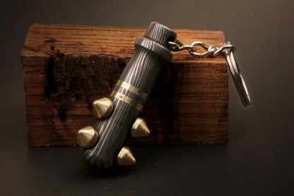 Handmade Damascus Steel Baseball Bat Keychain with Brass Rivets mounted on Bat.