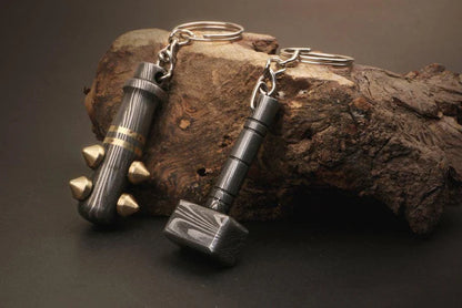 Handmade Damascus Steel Baseball Bat Keychain with Brass Rivets mounted on Bat.