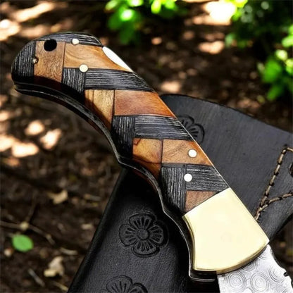 Custom Handmade Damascus Folding Knife with Beautiful Wood Handle Perfect for Valentine's Day Gift