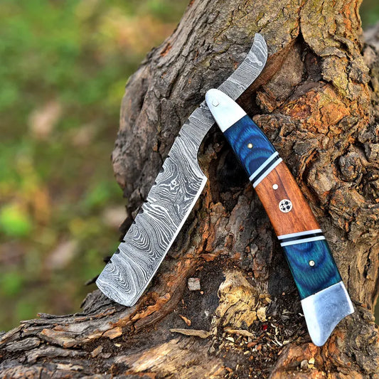 Exotic Handmade Damascus Steel Straight Razor, Blue & Brown Pakka Wood Handle, Personalized Razor, Premium Classic Barber Blade, Best Gift