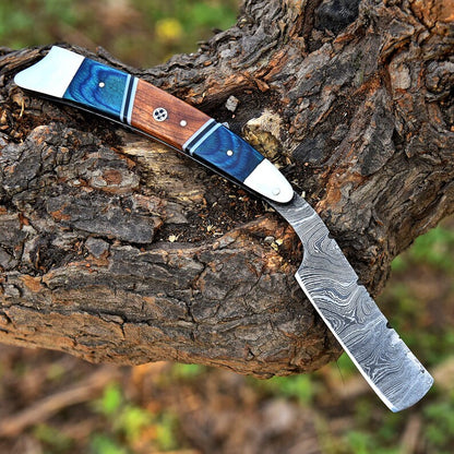 Exotic Handmade Damascus Steel Straight Razor, Blue & Brown Pakka Wood Handle, Personalized Razor, Premium Classic Barber Blade, Best Gift