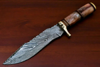 Hand Made Damascus Blade Bowie Hunting Knife - Brass Guard - Fixed Blade Damascus Knives for Men