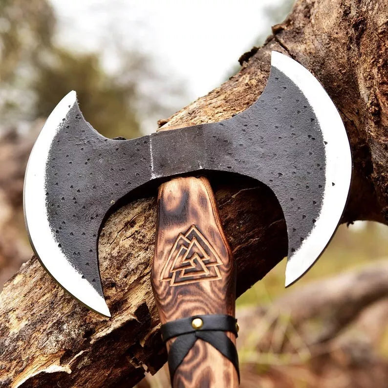 Custom Handmade Carbon Steel Double Headed Viking Axe Hunting Axe With Sheath