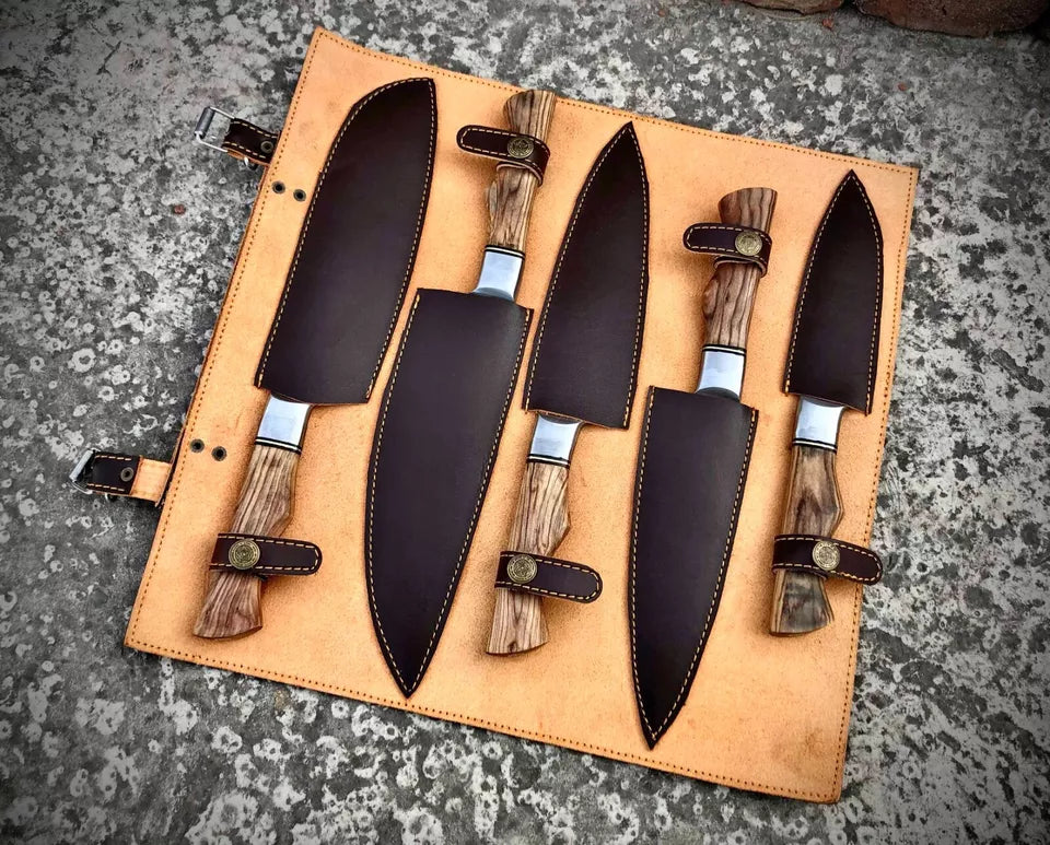 CUSTOM HAND FORGED DAMASCUS STEEL CHEF KNIFE SET KITCHEN KNIVES WITH ROLL BAG 79